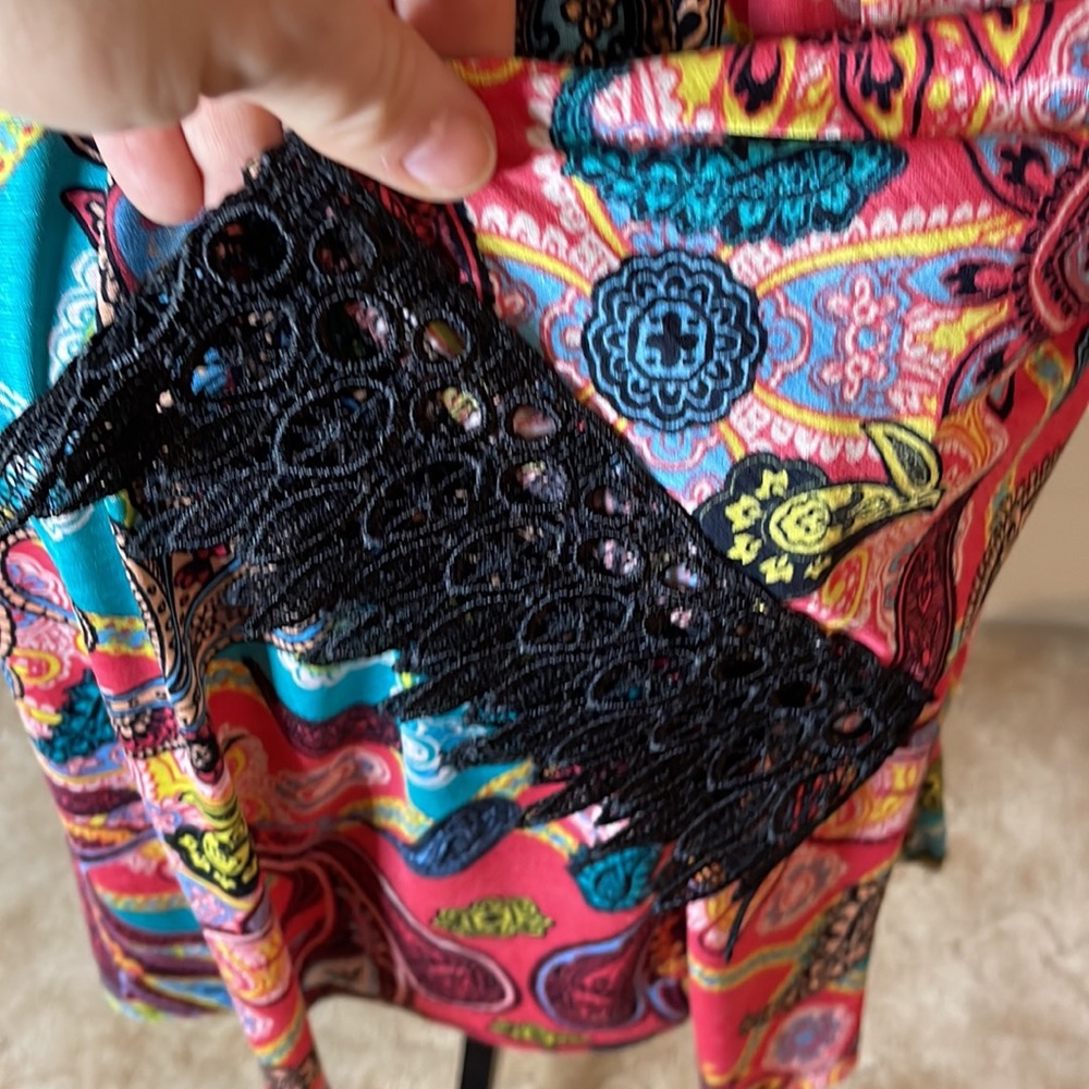 Chico's Pink Teal Paisley Blouse with Black Lace Trim - Picture 3 of 4